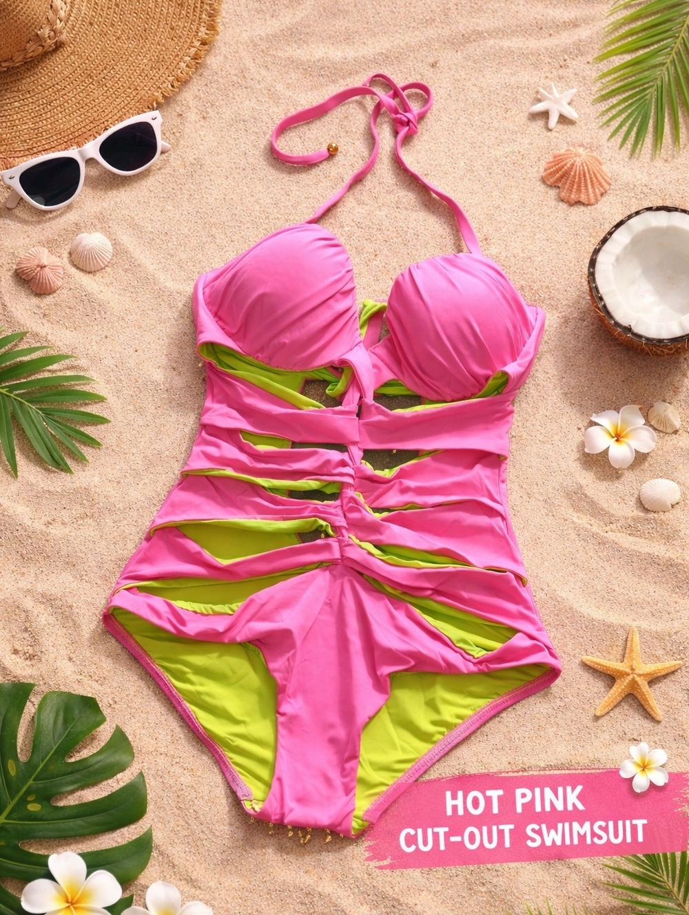 Hot Pink Cut-Out Swimsuit with Lime Lining